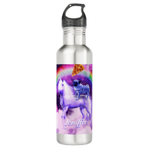 Rainbow pug in space riding a unicorn              710 ml water bottle