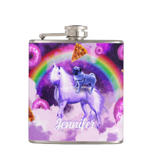 Rainbow pug in space riding a unicorn hip flask