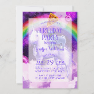 Rainbow pug in space riding a unicorn              invitation
