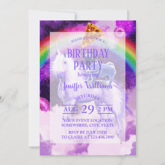 Rainbow pug in space riding a unicorn              invitation