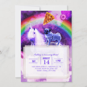 Rainbow pug in space riding a unicorn invitation