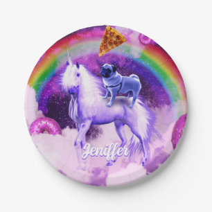 Rainbow pug in space riding a unicorn paper plate