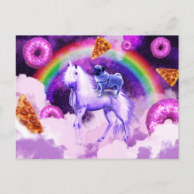 Rainbow pug in space riding a unicorn              postcard (Front)