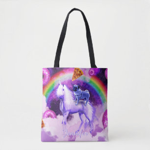 Rainbow pug in space riding a unicorn tote bag