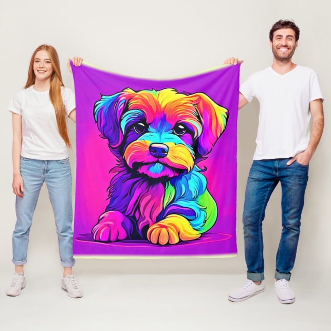 Rainbow Puppy Artwork Fleece Blanket (In Situ)
