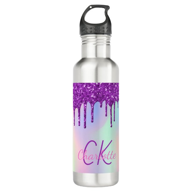 Rainbow purple glitter drips holographic monogram 710 ml water bottle (Front)