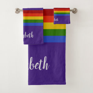 Rainbow Purple Horizontal Stripes   Personalise Bath Towel Set