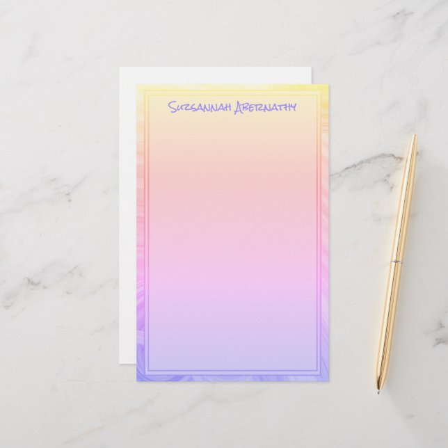Rainbow Purple Pink Orange Border Custom Name Stationery (Front/Back In Situ)