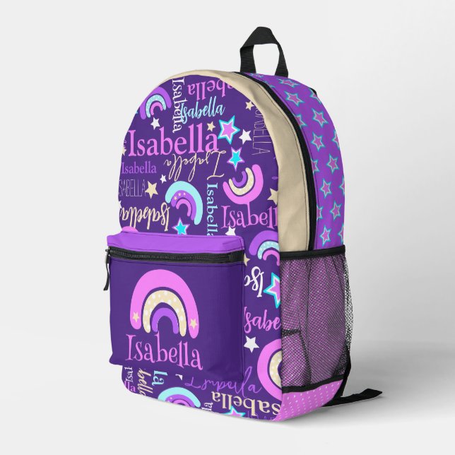 Rainbow purple pink yellow stars name Isabella Printed Backpack (Back Corner Right)
