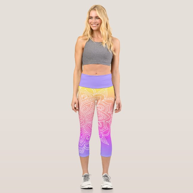 Rainbow Purple & White Mandala Yoga Capri Leggings (Front)