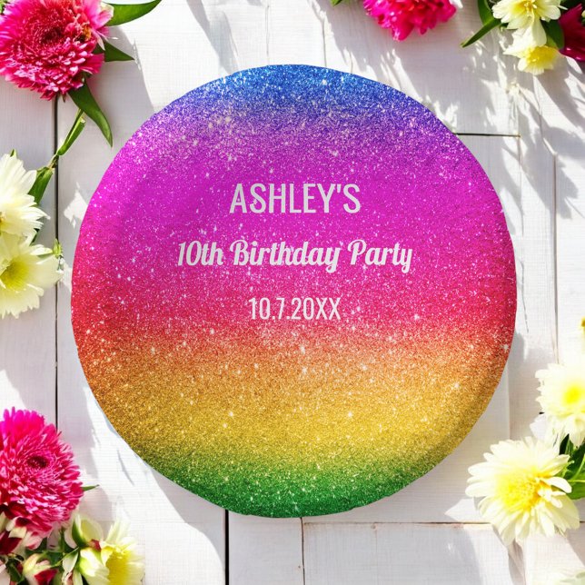 Rainbow Purple Yellow Sparkle Birthday Party Paper Plate (Creator Uploaded)
