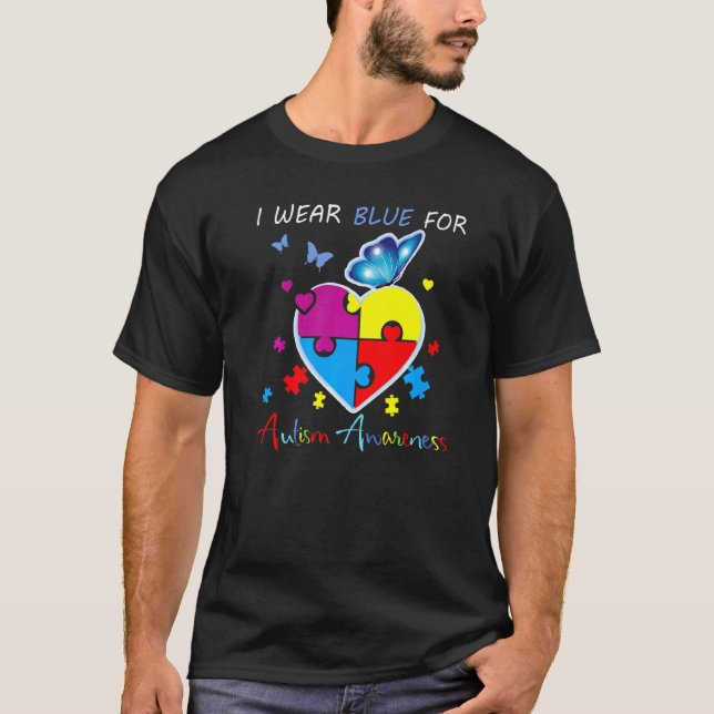Rainbow Puzzle Heart Butterfly Blue For Autism Awa T-Shirt (Front)