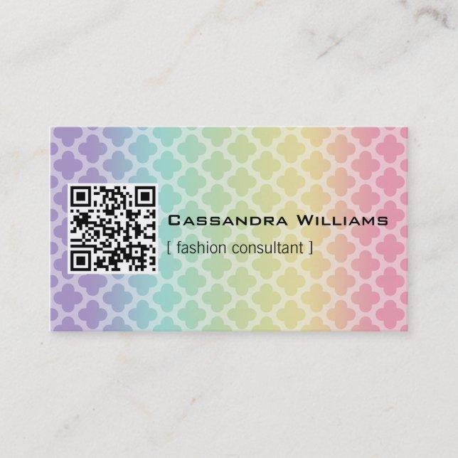 Rainbow Quatrefoil QR CODE Business Cards (Front)