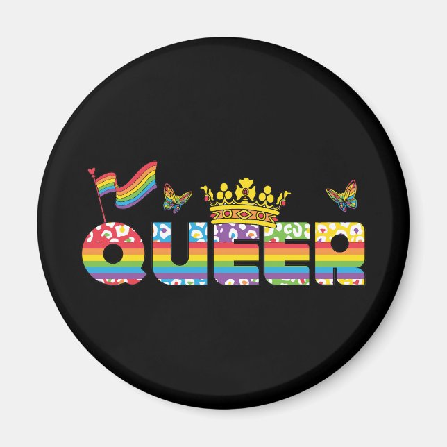 Rainbow Queer Crown with Flag and Butterflies Magnet (Front)