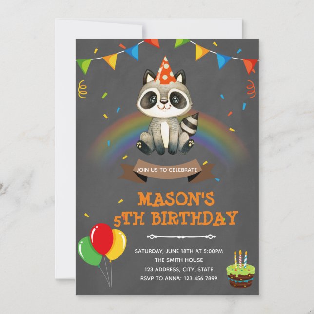Rainbow racoon birthday theme invitation (Front)