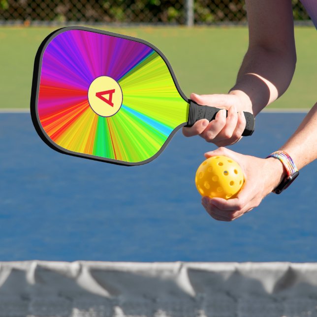 Rainbow radial gradient monogram pickleball paddle (Insitu)