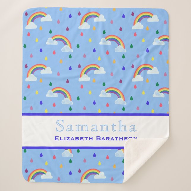 Rainbow Rain Drop Blue Sky Personalised Name Sherpa Blanket (Front)