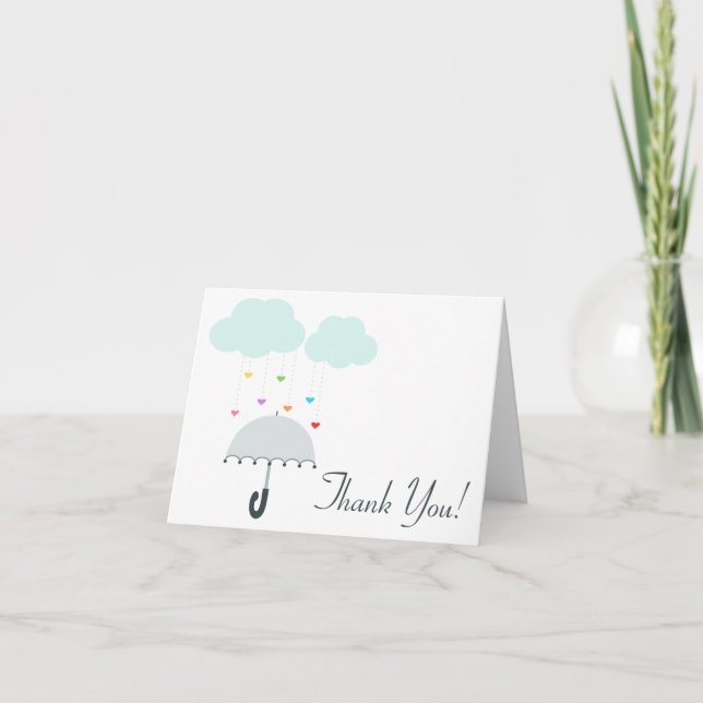 Rainbow Raindrops Grey Umbrella Shower Thank You Card (Front)