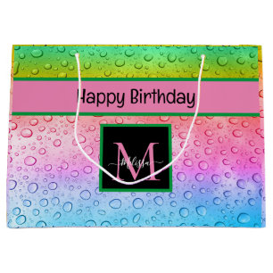 Rainbow Raindrops Monogram Birthday  Large Gift Bag