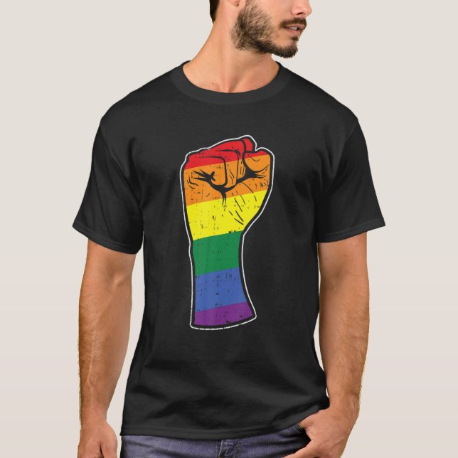 Rainbow Raised Fist Gay Pride Flag Support Resist T-Shirt (Front)