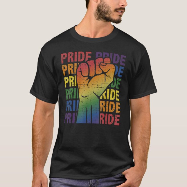 Rainbow Raised Fist Gay Pride Flag Support Resist  T-Shirt (Front)