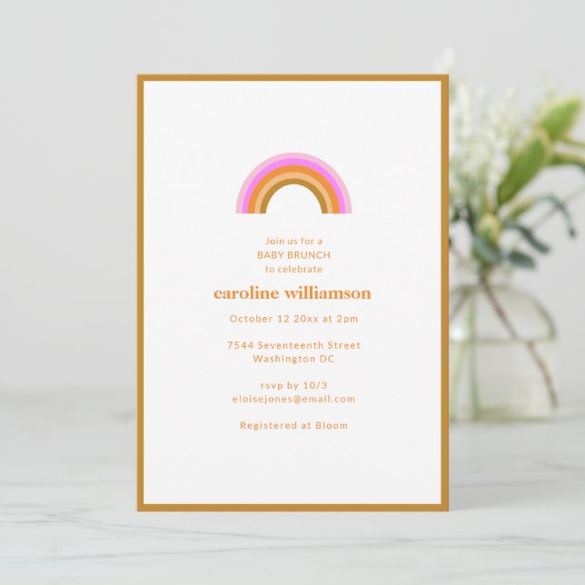 Rainbow Retro Boho Pink Orange Baby Brunch Shower Invitation (Standing Front)