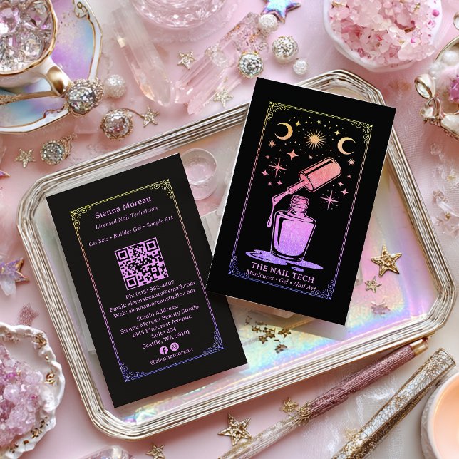 Rainbow Retro Celestial Tarot Nail artist QR Code Business Card (Rainbow Retro Celestial Tarot Nail artist QR Code Business Card)