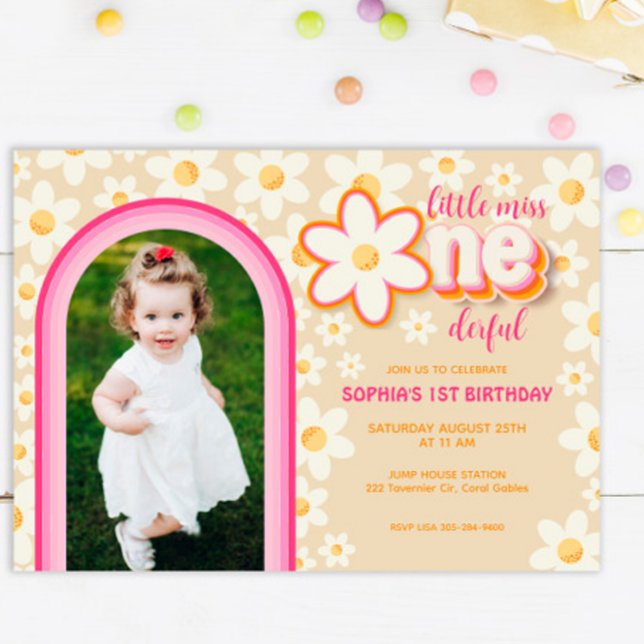 Rainbow Retro Daisy Photo 1st Birthday Invitation (Creator Uploaded)
