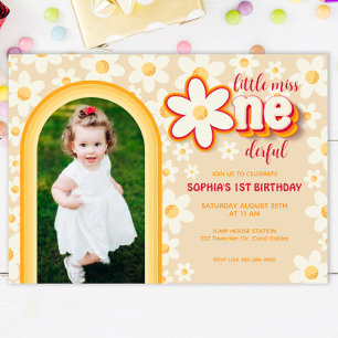Rainbow Retro Daisy Photo 1st Birthday Invitation