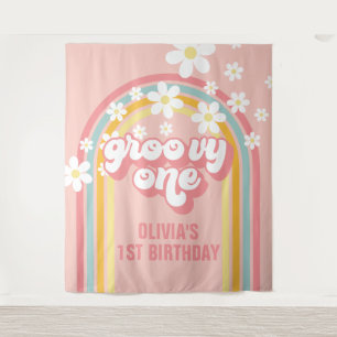Rainbow Retro Groovy One 1st Birthday Tapestry