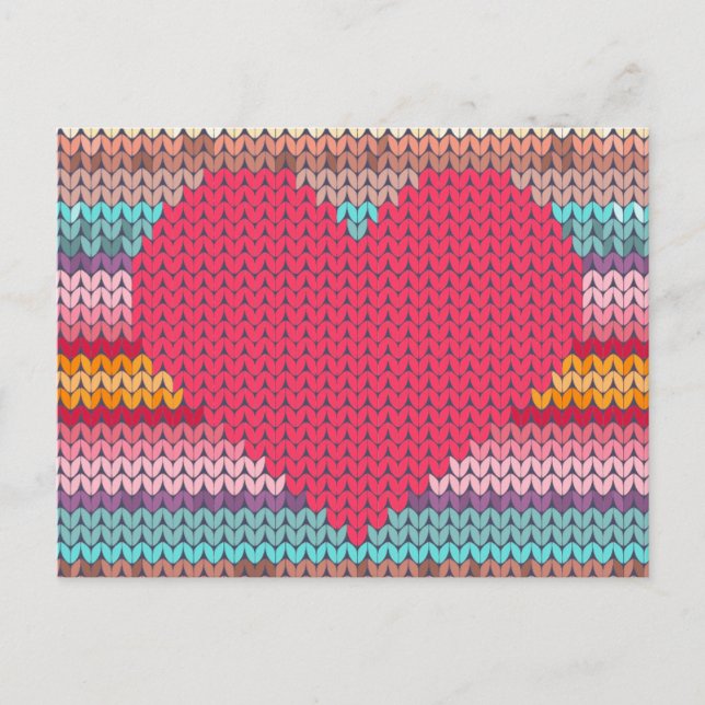 Rainbow retro hearts faux woolen knit valentine holiday postcard (Front)