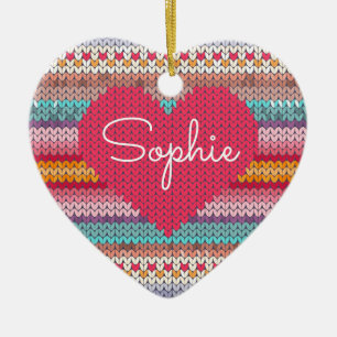 Rainbow retro hearts faux woollen knit name ceramic tree decoration