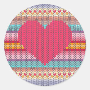 Rainbow retro hearts faux woollen knit valentine classic round sticker