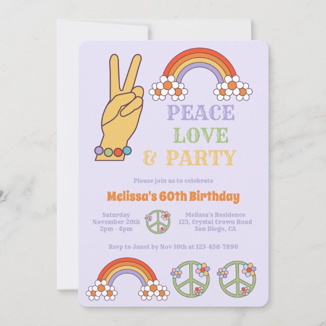 Rainbow Retro Hippie Peace Love Party Birthday Invitation (Front)