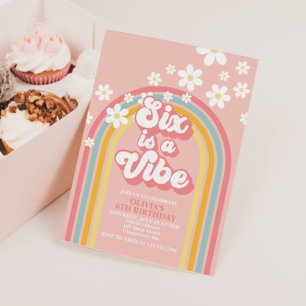 Rainbow Retro SIX is a Vibe Groovy 6th Birthday Invitation