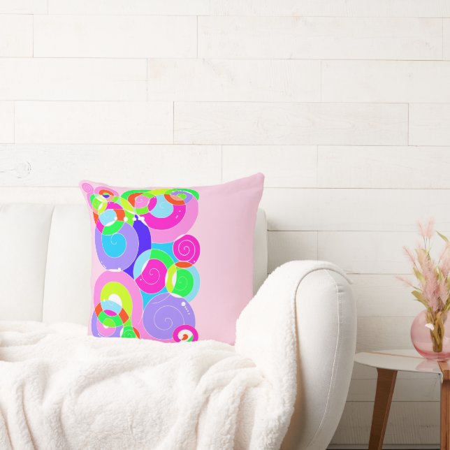 Rainbow Retro Spiral Art Abstraction Pink Cushion (Couch)
