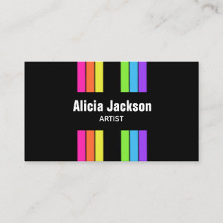 Rainbow Retro Stripes Bright Vertical Black Business Card