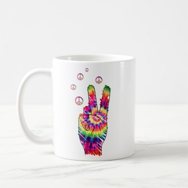 Rainbow Retro Tie Dye Psychedelic Peace Sign Hand  Coffee Mug (Left)