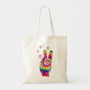 Rainbow Retro Tie Dye Psychedelic Peace Sign Hand  Tote Bag
