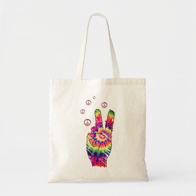 Rainbow Retro Tie Dye Psychedelic Peace Sign Hand  Tote Bag (Front)