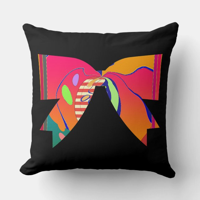 Rainbow Ribbon Bow Black Decorative Fun Cushion (Front)
