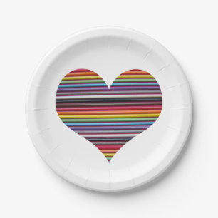 Rainbow Ribbon Cable Heart on White Paper Plates