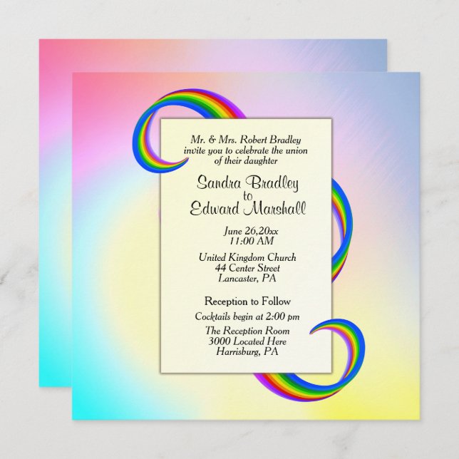 Rainbow Ribbon Wedding Invitation  5.25" x 5.25" (Front/Back)