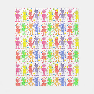 Rainbow Robots Polka Dots Fleece Blanket