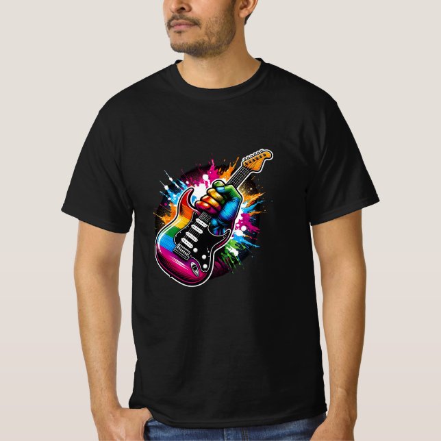 Rainbow Rock Explosion Vibrant Guitar Fist T-Shirt (Front)