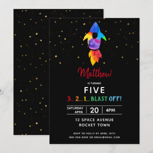 Rainbow Rocket Ship Outer Space Birthday Party Invitation