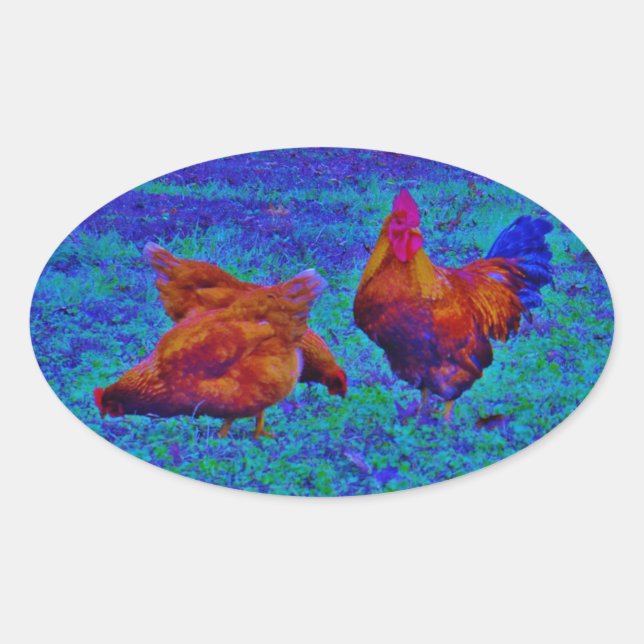 Rainbow Rooster & Hens, Electric Blue Oval Sticker (Front)
