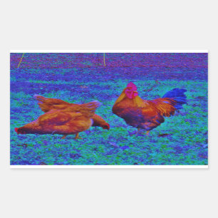 Rainbow Rooster & Hens, Electric Blue Rectangular Sticker