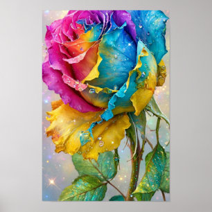 Rainbow Rose Sparkle - Pink Blue Yellow Colourful Poster