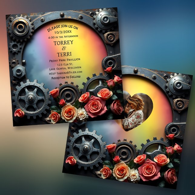 Rainbow Roses and Metal Steampunk LGBT Wedding Invitation (Creator Uploaded)